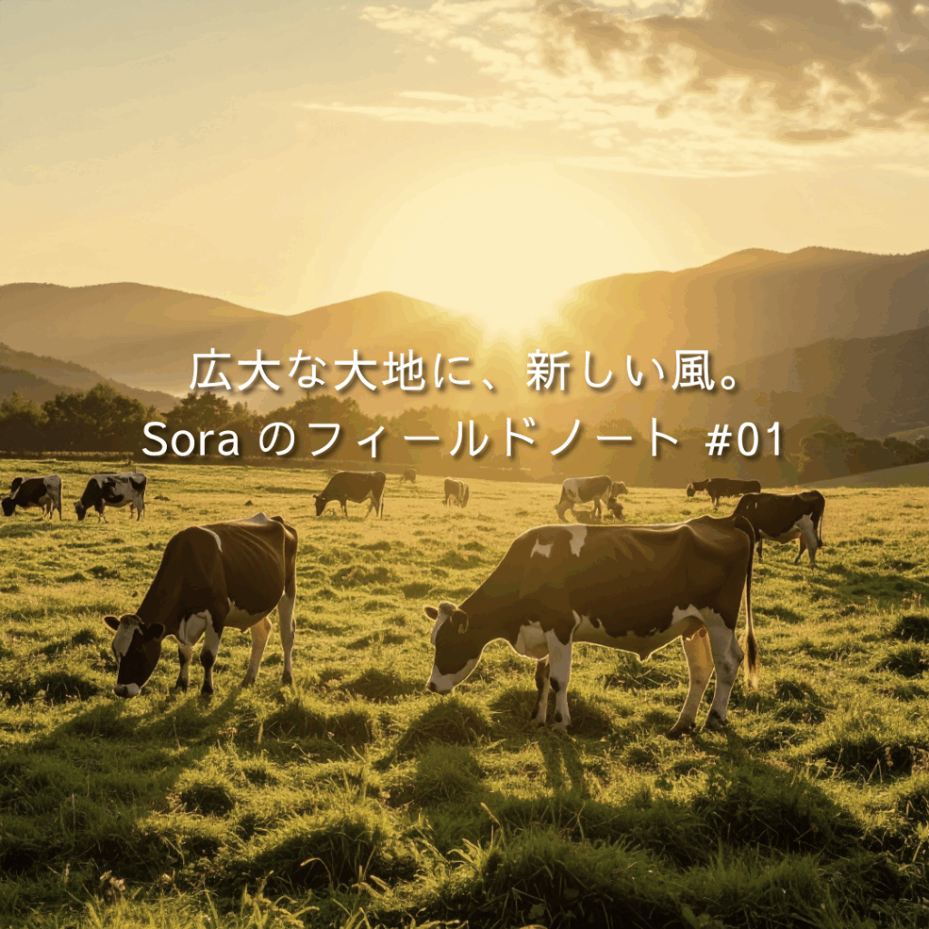 北海道の酪農牧場に漂う朝霧と静かな牛たちの風景