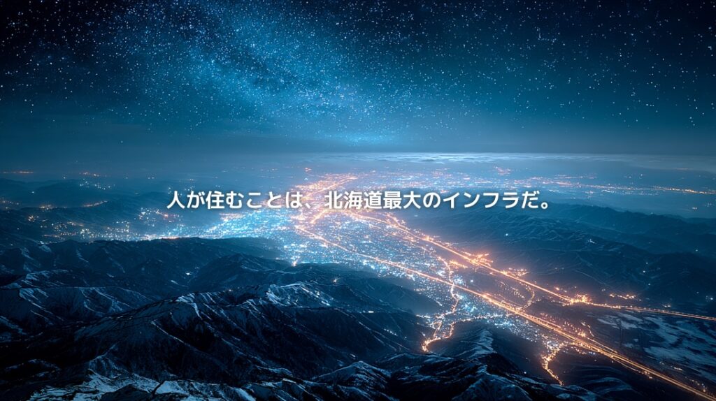 札幌の都市光と北海道の広大な雪山を上空から望む夜景。「人が住むことは、北海道最大のインフラだ。」の文字を配置