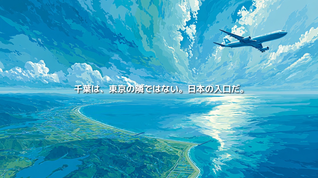 千葉県の海岸線と広大な海の上を飛ぶ旅客機。「千葉は、東京の隣ではない。日本の入口だ。」の文字