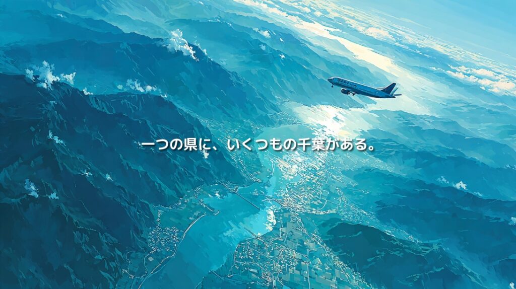 上空を飛ぶ旅客機と、海・都市・農地が広がる千葉県を描いた地政学イメージ