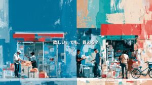 Colorful illustration of Japanese and South African neighborhood shops, with people exchanging goods and a bicycle nearby. Japanese text reads, “I want it. But can I buy it?”