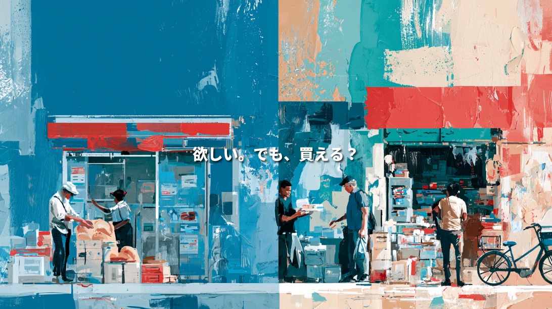 Colorful illustration of Japanese and South African neighborhood shops, with people exchanging goods and a bicycle nearby. Japanese text reads, “I want it. But can I buy it?”