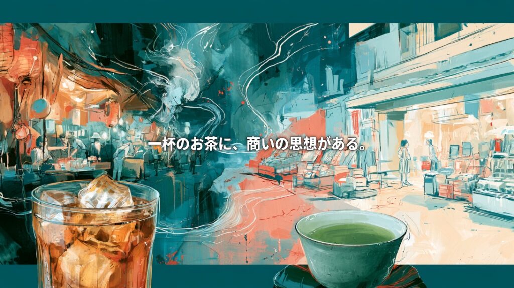 Illustration of a Taiwanese night market and a Japanese storefront, with iced tea and green tea in the foreground. Japanese text reads, “A cup of tea holds a philosophy of commerce.”