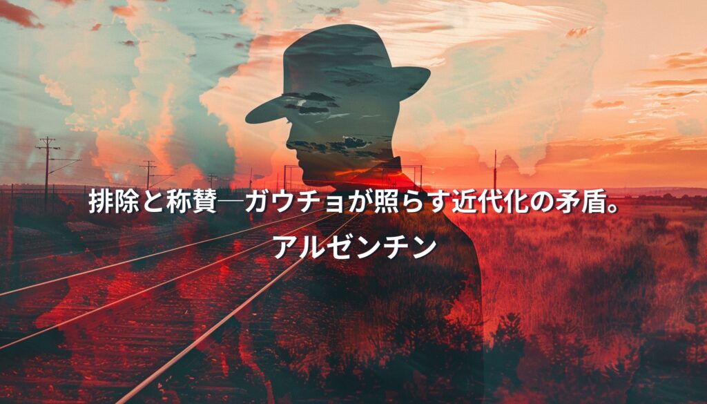夕陽のパンパを背景に、ガウチョのシルエットと鉄道が重なるダブルエクスポージャー。アルゼンチン近代化の矛盾を象徴するビジュアル
