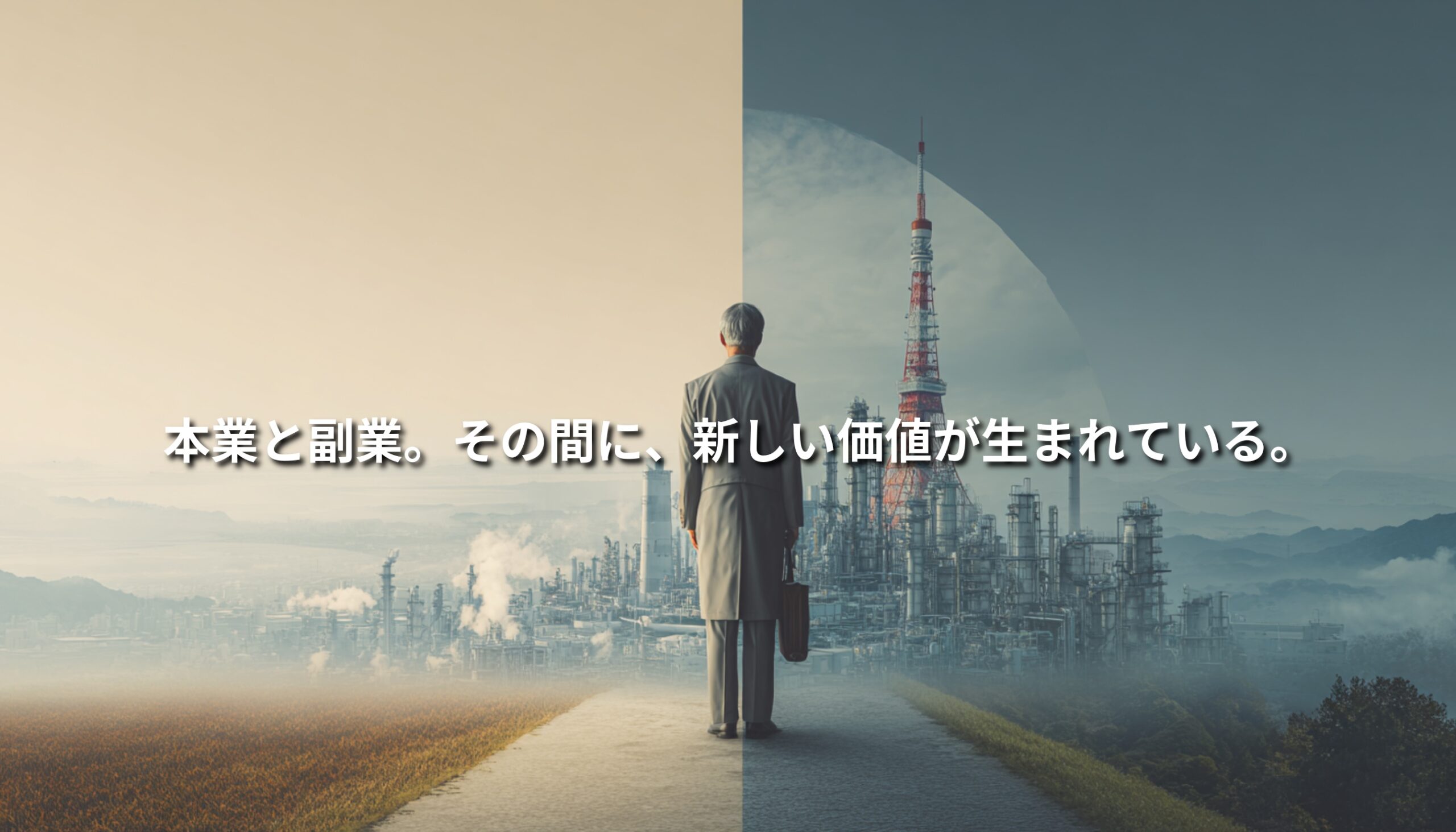 本業と副業の世界を象徴する二分割の風景の前に立つ人物。本業と副業の間に新しい価値が生まれることを示すイメージビジュアル。