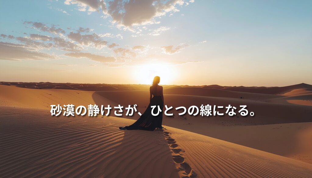 サハラ砂漠の夕暮れに立つ人物の後ろ姿。砂紋が光と影を描く象徴的な風景。