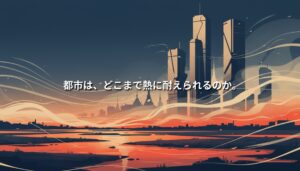 熱気に揺れるバンコクの都市と湿地を抽象的に描いたイラスト。オレンジ色の地表と波打つ空気が、都市が直面する気候変動を象徴している。