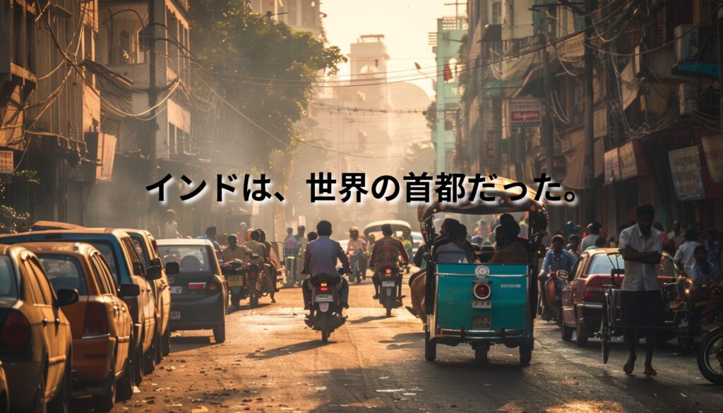 インドの混雑した街路を走るリキシャとバイク、夕暮れの光が差し込む都市の風景