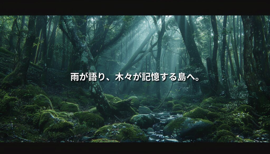 屋久島の苔むした森に差し込む木漏れ日の風景
