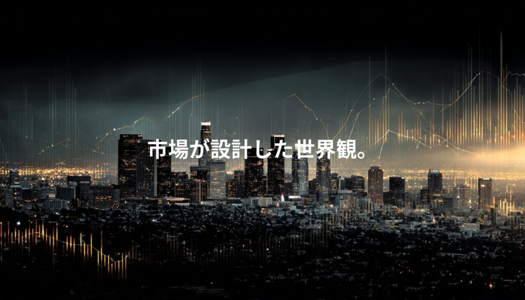 ロサンゼルスの夜景に金融グラフとデータラインが重なるビジュアル。アメリカのスタジオシステムとIPの金融資産化を象徴。