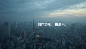 夜明けの東京の街並みと東京タワー。日本コンテンツ産業の再設計と構造統合を象徴するビジュアル。