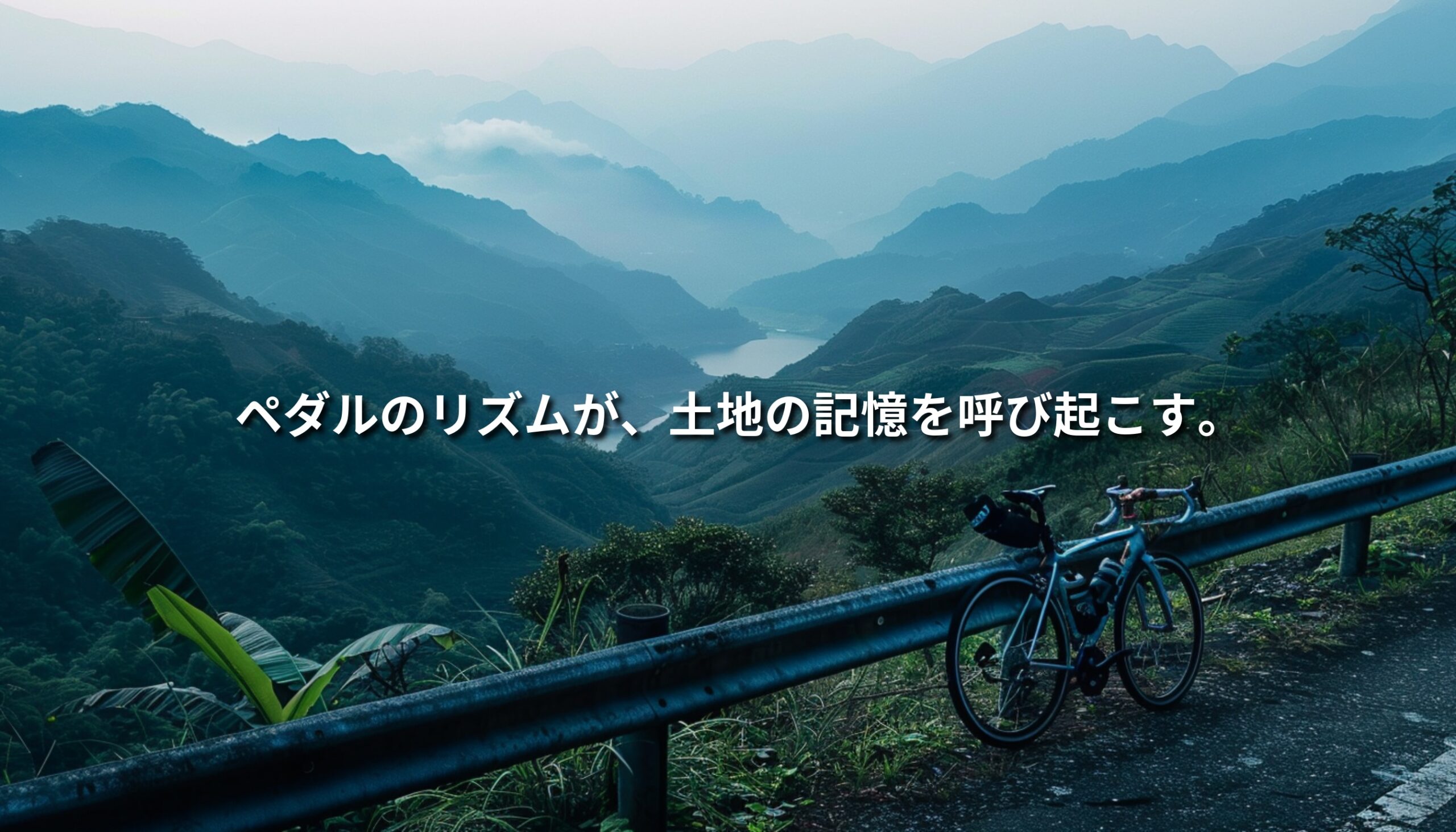 台湾・参山エリアの深い山並みを背景に、ガードレール横に停められたロードバイク。ペダルのリズムが土地の記憶を呼び起こす旅を象徴する風景。