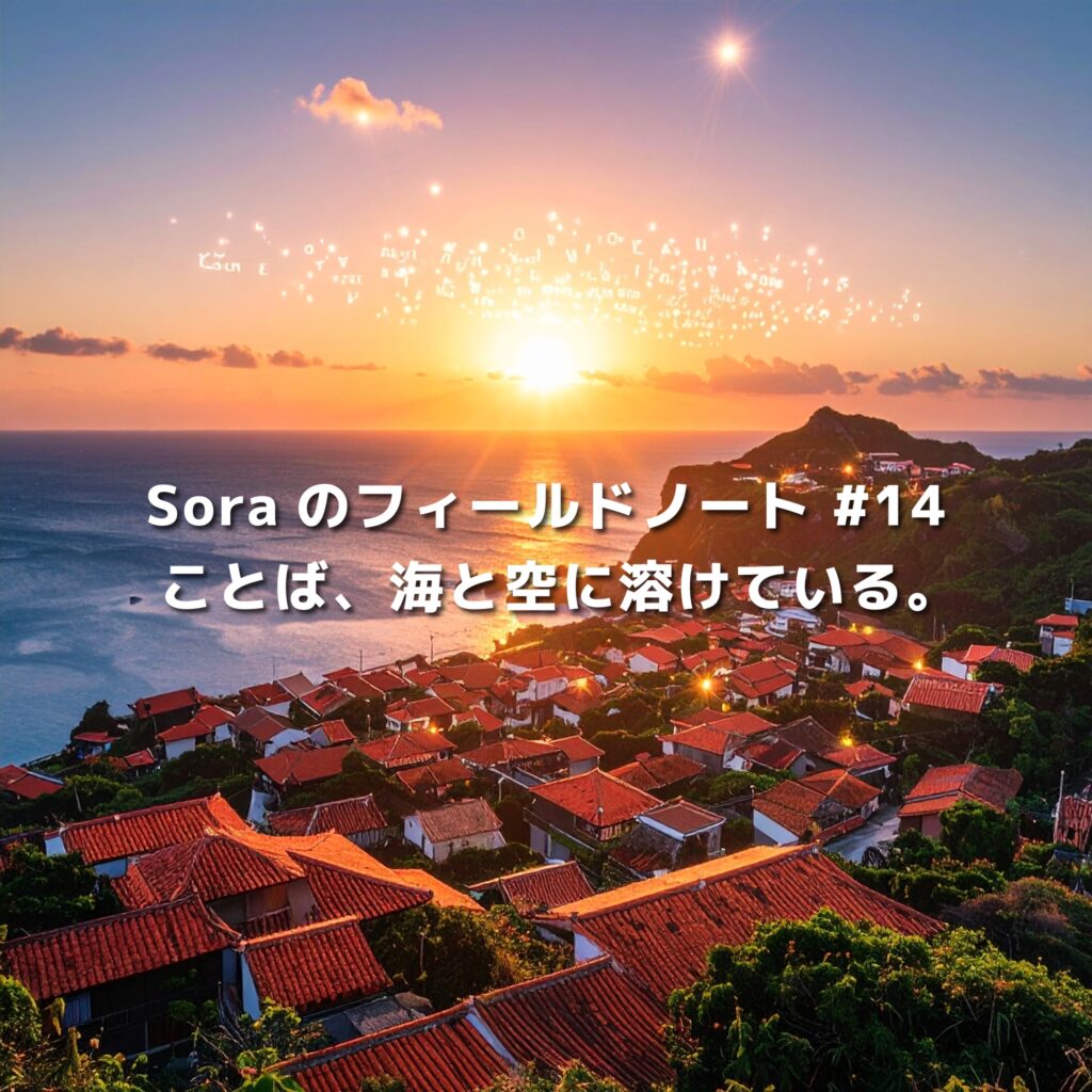 沖縄県の海辺の集落に沈む夕日と、空に浮かぶ光の粒。Soraのフィールドノート第14篇「ことば、海と空に溶けている。」のキービジュアル。