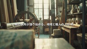 倉敷の工房で、自然光が差し込む中、古い織機と帆布のロールが並ぶ静かな作業空間。