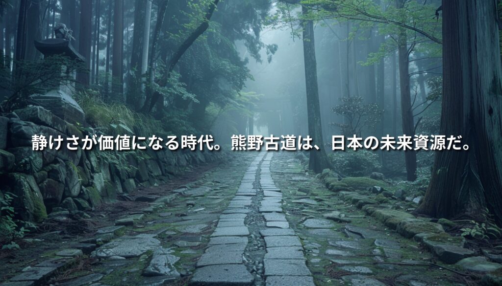 熊野古道の石畳が霧に包まれた静かな森の中に続く風景。日本の精神性と深い静けさを象徴する情景。