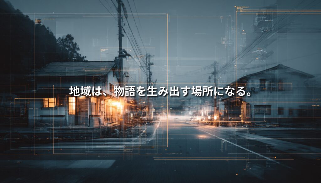 夜の地方都市の道路風景に、物語を生み出す地域の可能性を象徴する光のラインとコピーが重ねられたアイキャッチ画像