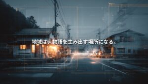 夜の地方都市の道路風景に、物語を生み出す地域の可能性を象徴する光のラインとコピーが重ねられたアイキャッチ画像