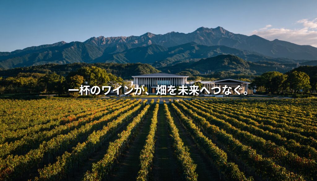 山梨県・北杜市のぶどう畑と山並みを背景に、「一杯のワインが、畑を未来へつなぐ。」というコピーを重ねたNEOTERRAIN Journalのアイキャッチ画像。
