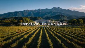 山梨県・北杜市のぶどう畑と山並みを背景に、「一杯のワインが、畑を未来へつなぐ。」というコピーを重ねたNEOTERRAIN Journalのアイキャッチ画像。