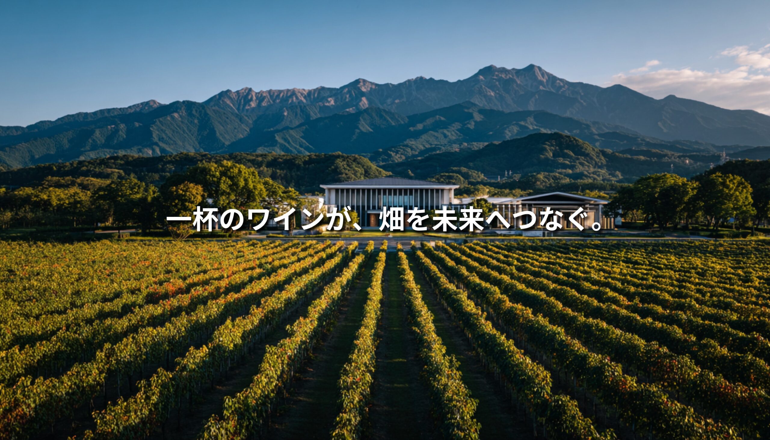 山梨県・北杜市のぶどう畑と山並みを背景に、「一杯のワインが、畑を未来へつなぐ。」というコピーを重ねたNEOTERRAIN Journalのアイキャッチ画像。