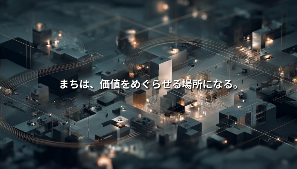 循環する都市と地域産業を象徴する立体的な街並みに、光のラインと「まちは、価値をめぐらせる場所になる。」というコピーが重ねられたアイキャッチ画像