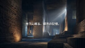 大谷石採掘場跡を思わせる地下空間に「地下に眠る、都市の記憶。」というコピーが配置されたNEOTERRAIN Journalのアイキャッチ画像