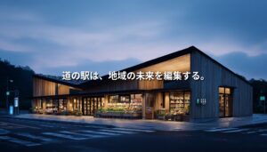 夕暮れの道の駅を背景に、地域資源・観光・暮らしが交差する“地域編集拠点”としての可能性を表現したアイキャッチ画像。
