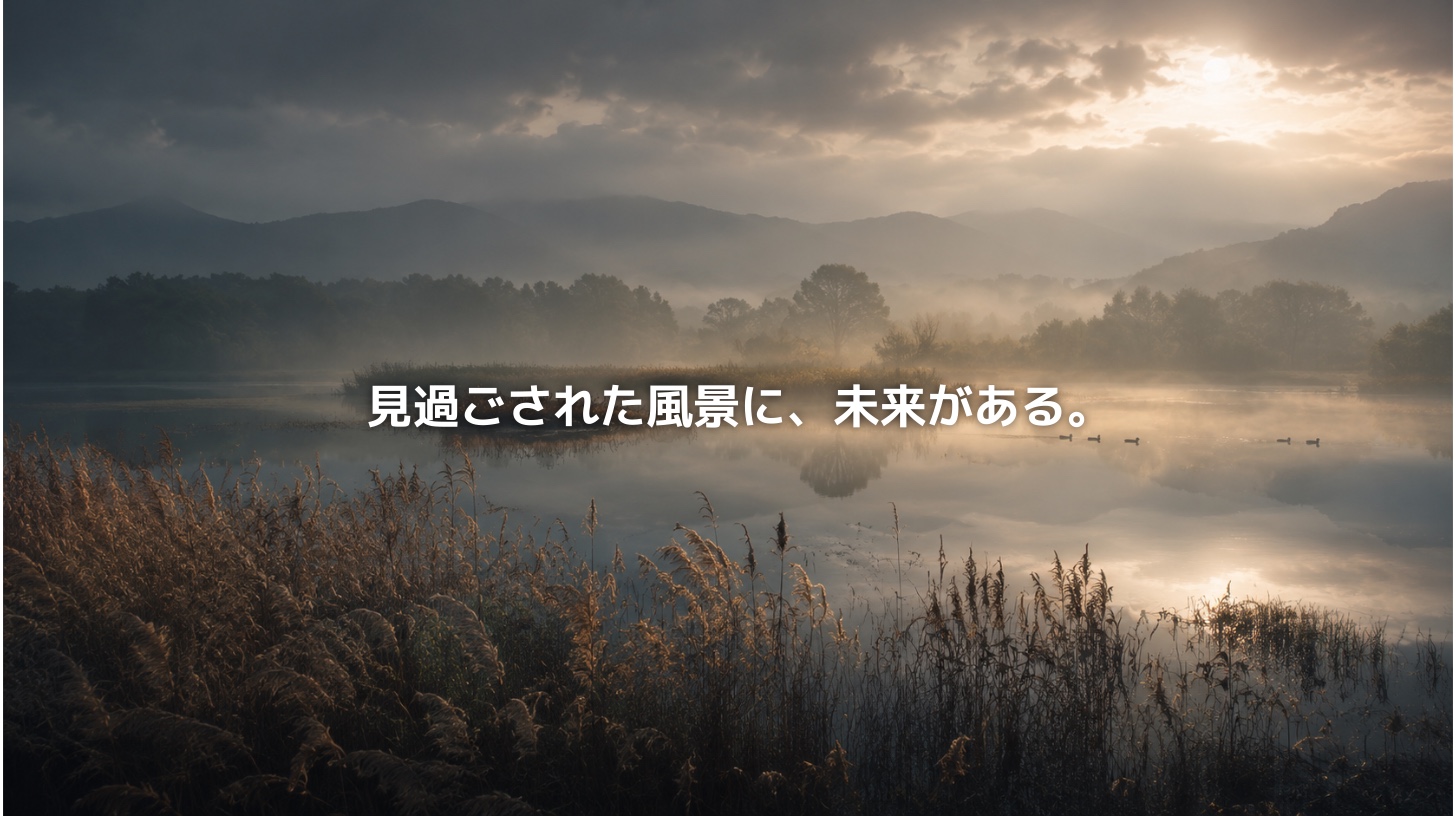 群馬県館林市の里沼をイメージした霧の水辺に、「見過ごされた風景に、未来がある。」というコピーを重ねたアイキャッチ画像