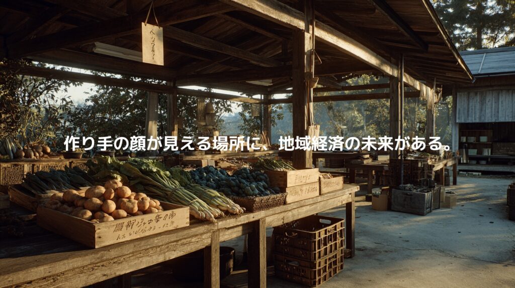木造の直売所に並ぶ新鮮な野菜と朝の光を通じて、作り手の顔が見える地域経済の可能性を表現したアイキャッチ画像。