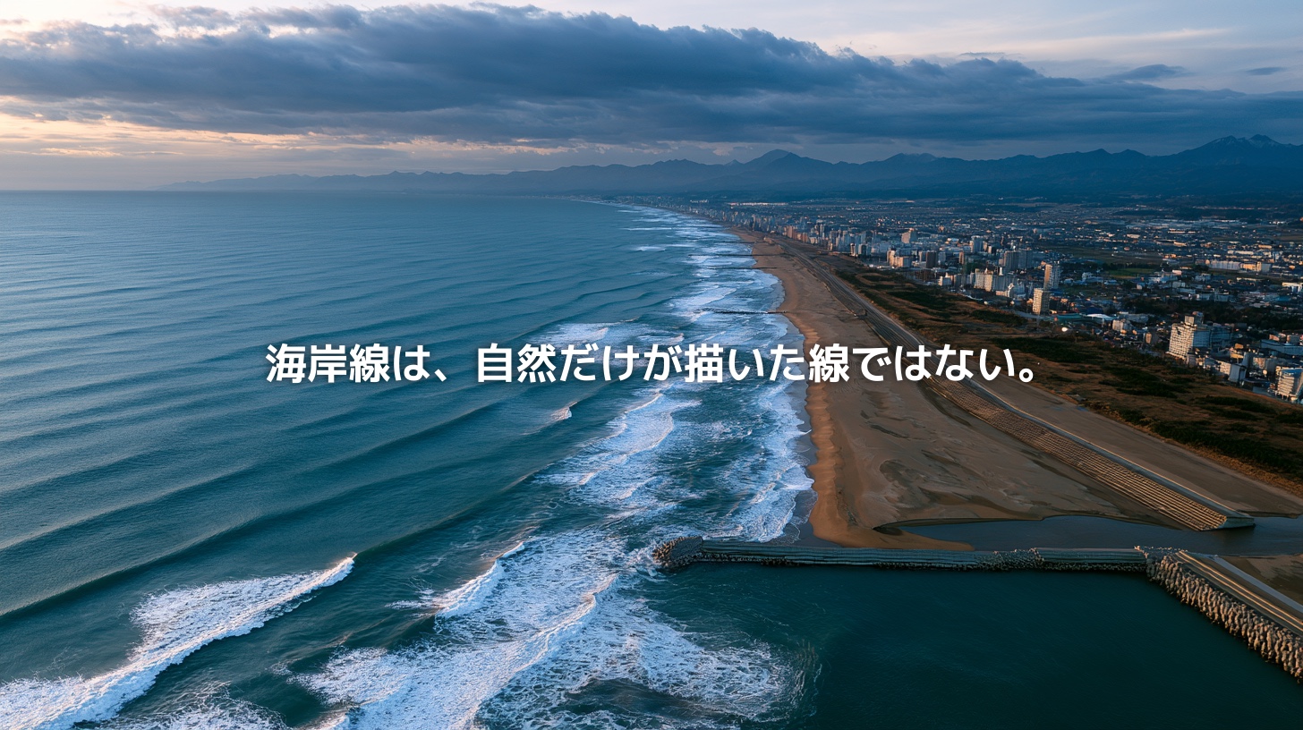 新潟海岸の砂浜と日本海を俯瞰した風景。海岸線沿いに都市が広がり、波と砂浜、防波堤が重なる海岸侵食を象徴するビジュアル。