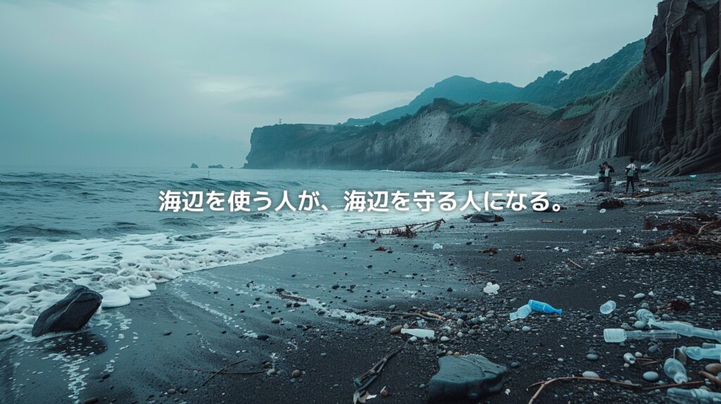 越前海岸の岩場と日本海を背景に、漂着ごみが残る海辺で人々がビーチクリーン活動をしている風景。