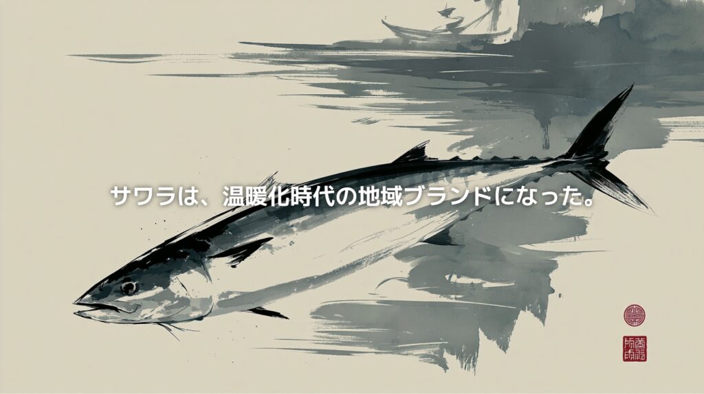 水墨画風に描かれた日本海のサワラ。温暖化による魚種変化と、地域ブランドとして価値化される魚の未来を象徴している。