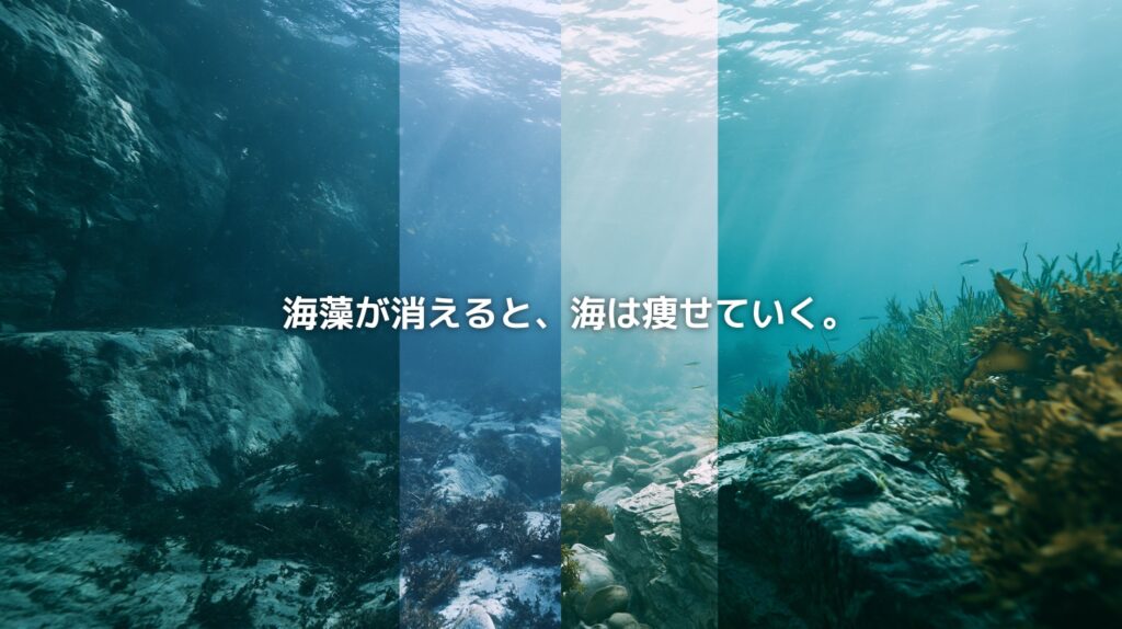 海中の岩場と藻場を表現したアイキャッチ画像。磯焼けで海藻が失われた海底と、再生しはじめる海の森を対比している。