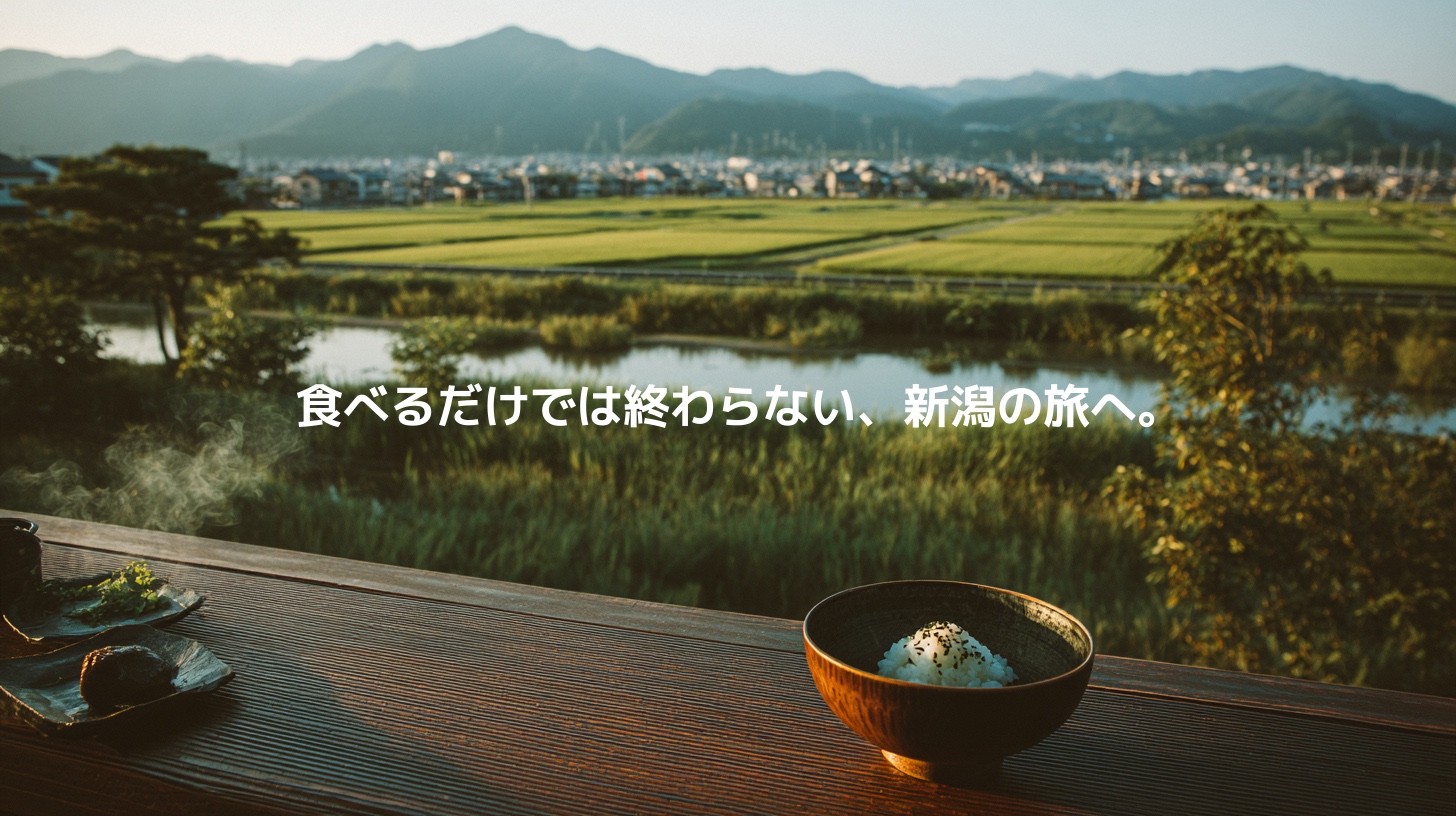 田園風景を背景にした食卓とごはんの器に、「食べるだけでは終わらない、新潟の旅へ。」というコピーを重ねた新潟観光記事のアイキャッチ画像