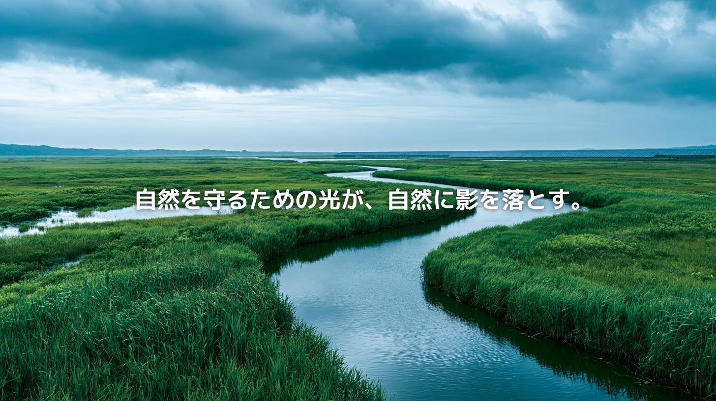 北海道・釧路湿原の緑豊かな湿原風景。蛇行する水路と広がるヨシ原の奥に太陽光パネルが見え、再生可能エネルギー開発と自然保護の関係を表している。