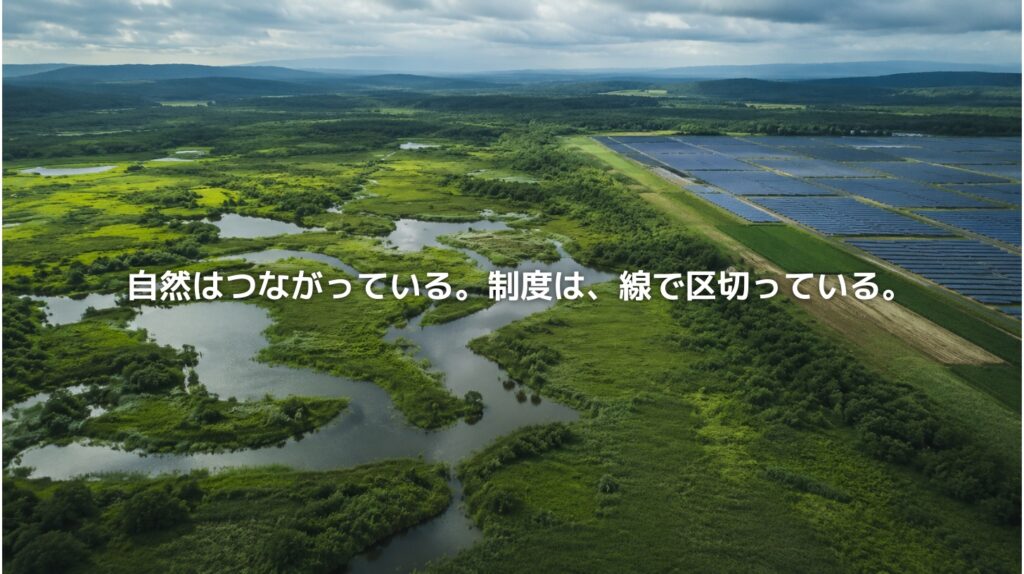 北海道・釧路湿原周辺の緑豊かな湿原と、隣接する太陽光パネル群を空から見た風景。自然のつながりと制度上の線引きのずれを表している。