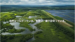 北海道・釧路湿原周辺の緑豊かな湿原と、隣接する太陽光パネル群を空から見た風景。自然のつながりと制度上の線引きのずれを表している。