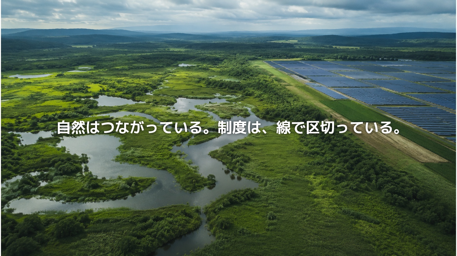北海道・釧路湿原周辺の緑豊かな湿原と、隣接する太陽光パネル群を空から見た風景。自然のつながりと制度上の線引きのずれを表している。