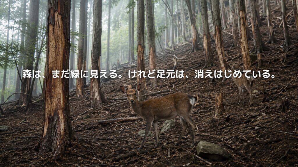 森の下草が失われ、樹皮が剥がれた山の斜面に、鹿が立っている。シカの食害による森林環境の変化を表現したアイキャッチ画像。