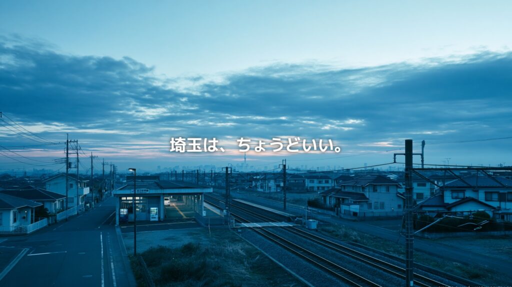 早朝の埼玉の駅と線路、広い空の中に「埼玉は、ちょうどいい。」という文字が配置されたサムネイル画像