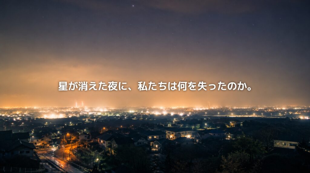 都市の明かりで夜空が明るくなり、星が見えにくくなっている。光害によって星空が失われていく様子を表現したアイキャッチ画像。