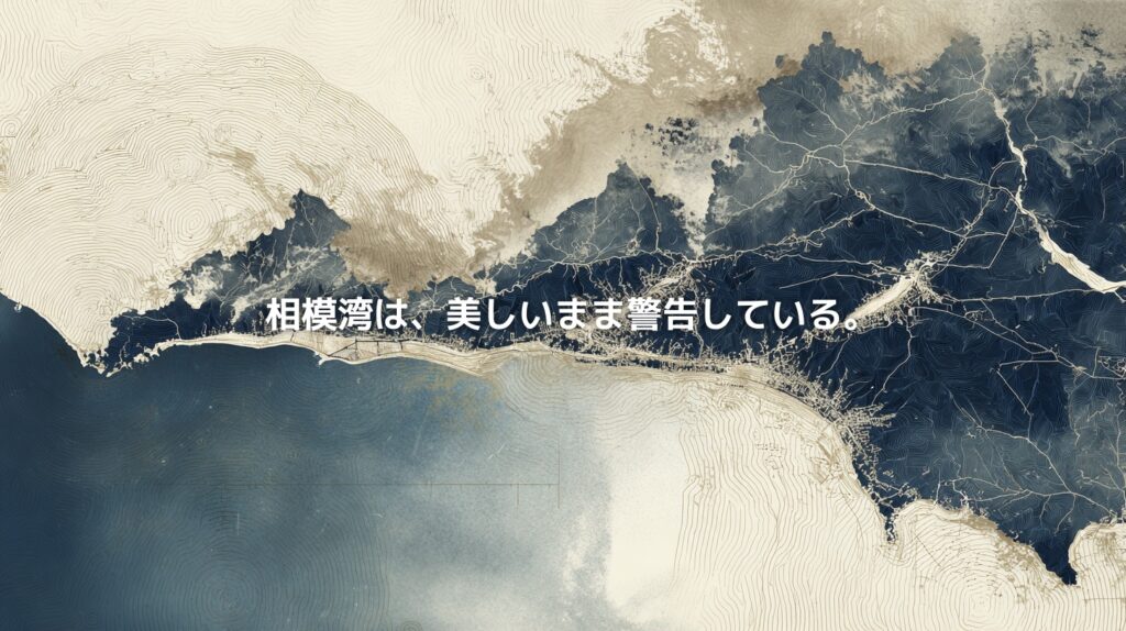 相模湾の海岸線を真上から俯瞰した地形図風のビジュアル。海と陸の境界が象徴的に描かれ、「相模湾は、美しいまま警告している。」というコピーが中央に配置されている。