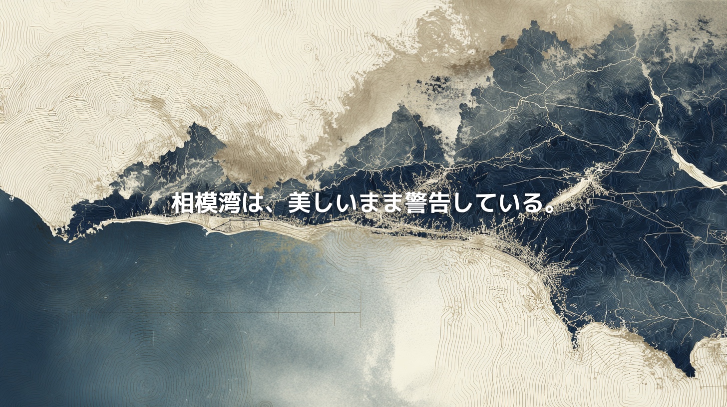 相模湾の海岸線を真上から俯瞰した地形図風のビジュアル。海と陸の境界が象徴的に描かれ、「相模湾は、美しいまま警告している。」というコピーが中央に配置されている。