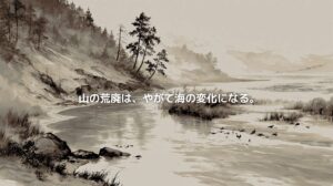 水墨画風で描かれた山、川、河口、海の風景。山の荒廃によって流れ出した土が川を通じて海へ届き、生態系に影響していく様子を表現したアイキャッチ画像。
