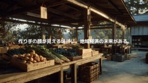 木造の直売所に並ぶ新鮮な野菜と朝の光を通じて、作り手の顔が見える地域経済の可能性を表現したアイキャッチ画像。