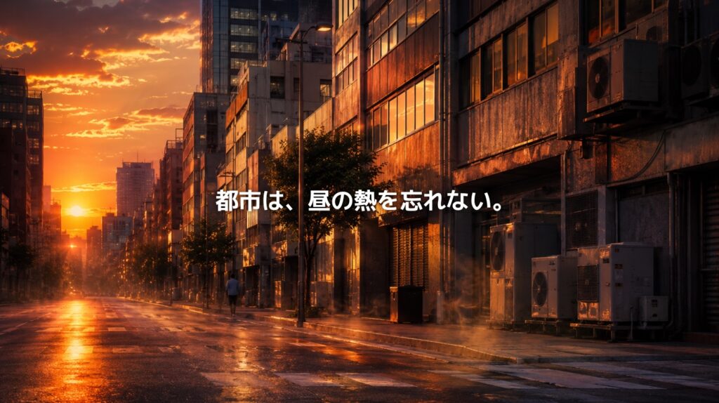 夕暮れの都市部で、アスファルト道路やビルの壁面が熱を帯び、室外機の並ぶ街並みがヒートアイランド現象を象徴している。
