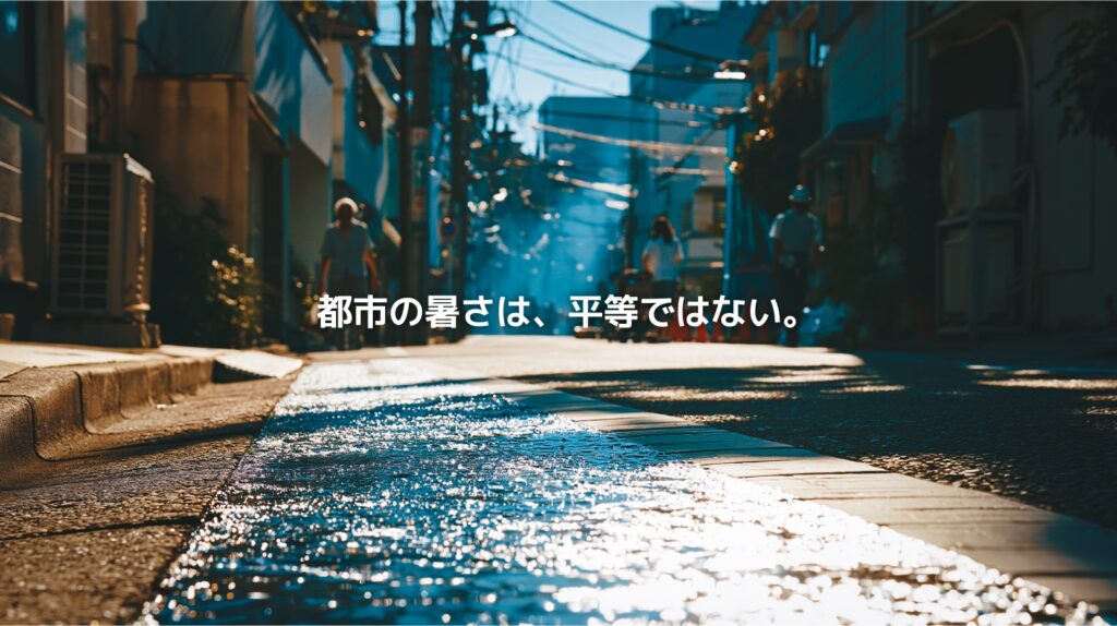 真夏の都市の路地で、強い日差しと照り返すアスファルトの中を人々が歩き、ヒートアイランドによる暑さの偏りを象徴している。