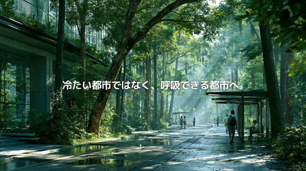 緑に包まれた都市の歩道で、木陰や水辺、風の通る空間がヒートアイランド対策としての涼しいまちづくりを象徴している。