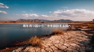湖と乾いた大地が広がる風景に、「雨を待つ国から、水を設計する国へ」という文字を重ねた画像。マラウイの水資源と気候変動の課題を象徴している。
