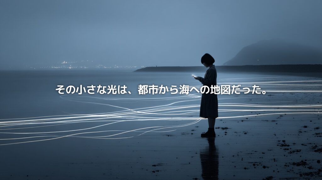 相模湾を背景に、海辺に立つ少女のシルエットが小さな光を見つめている抽象的なビジュアル。砂浜には都市から海へ流れる経路を思わせる光の線が走り、「その小さな光は、都市から海への地図だった。」というコピーが配置されている。